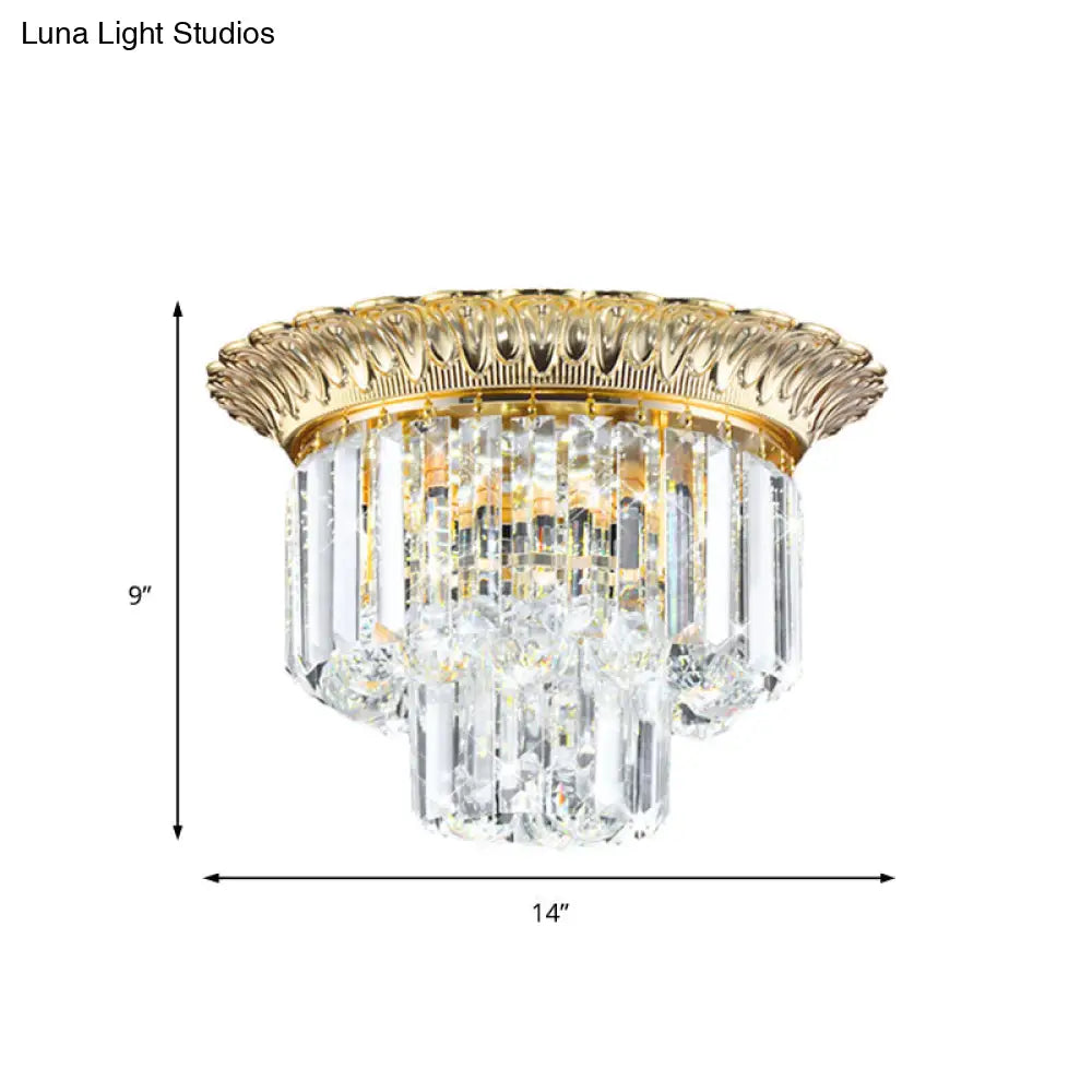 2-Tier Minimalist Crystal Flush Light With Led Golden Indoor Ceiling Lighting 14’/16’ Diameter