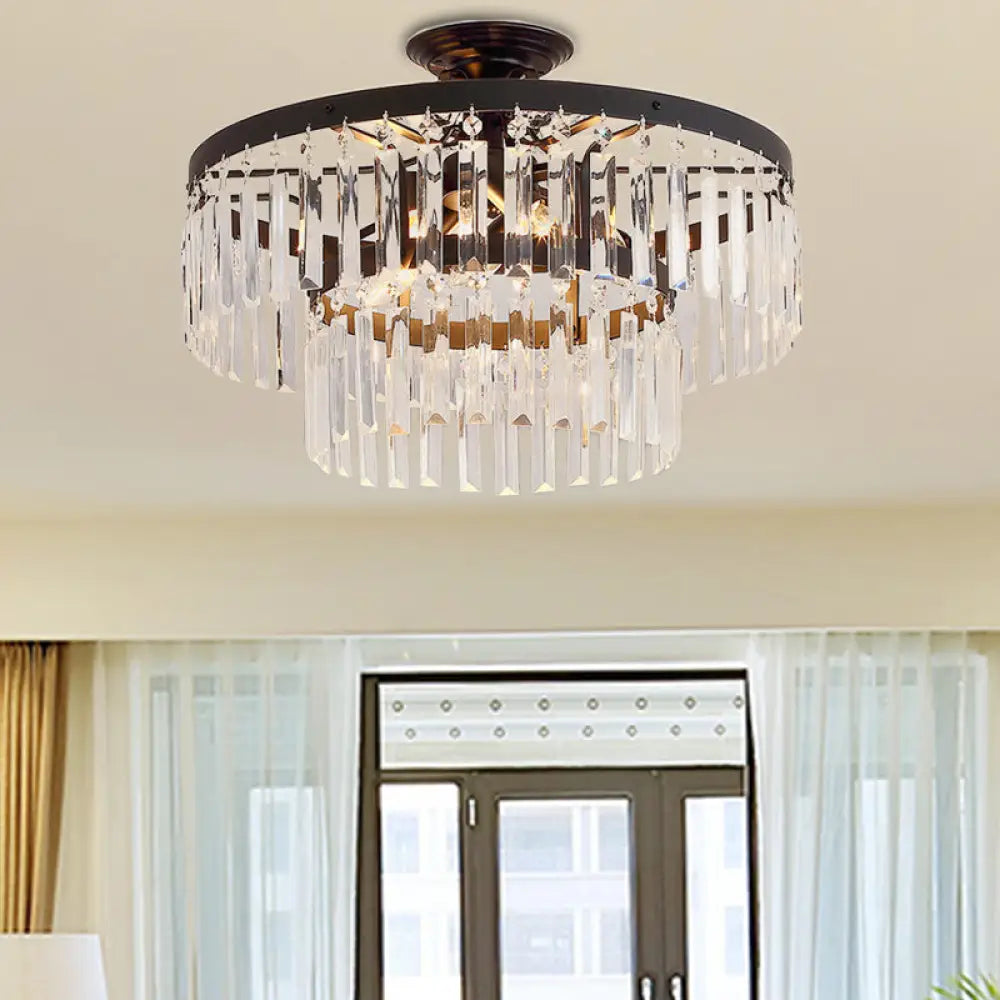 2-Tier Semi Flush Mount Crystal Rod Ceiling Light With 5 Lights Modern Black/Gold Fixture For