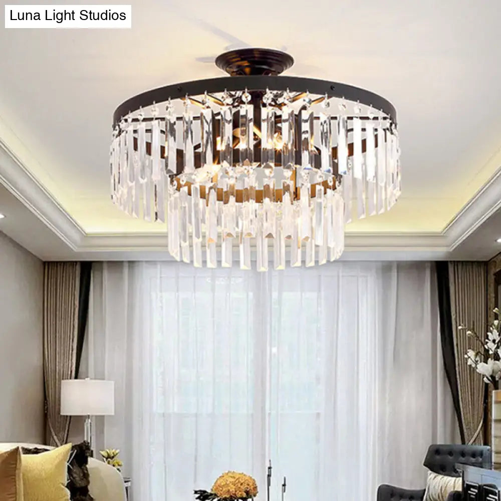 2-Tier Semi Flush Mount Crystal Rod Ceiling Light With 5 Lights Modern Black/Gold Fixture For Living