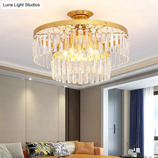 2-Tier Semi Flush Mount Crystal Rod Ceiling Light With 5 Lights Modern Black/Gold Fixture For Living