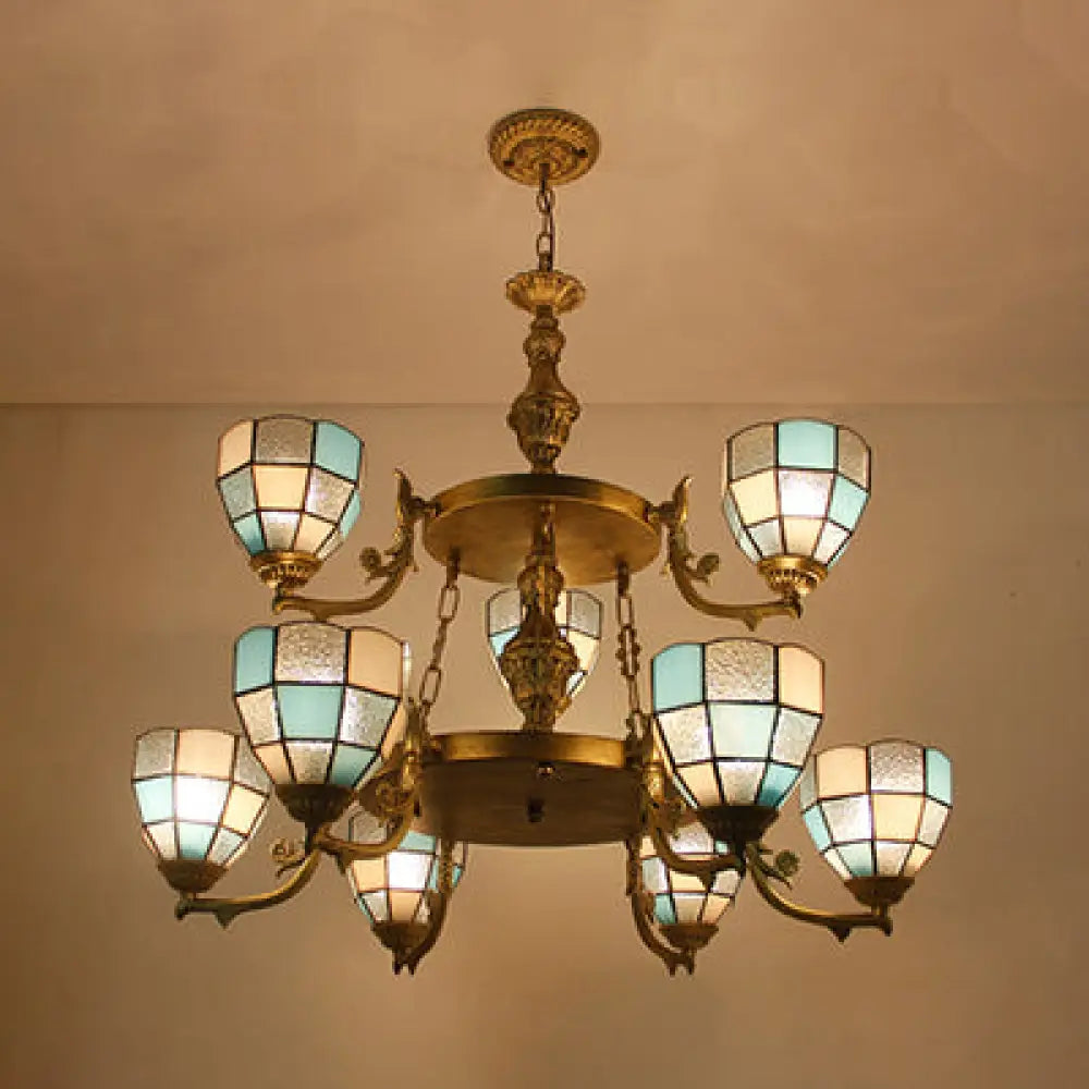 2-Tier Stained Glass Hanging Chandelier With 9 Lights - Adj. Chain Ideal For Living Room Lighting