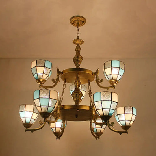 2-Tier Stained Glass Hanging Chandelier With 9 Lights - Adj. Chain Ideal For Living Room Lighting