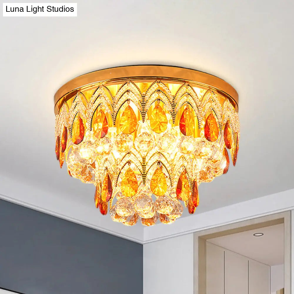 2-Tier Tan Crystal Droplets Ceiling Lamp - Traditional 6 Lights Flush Mount Fixture In Gold