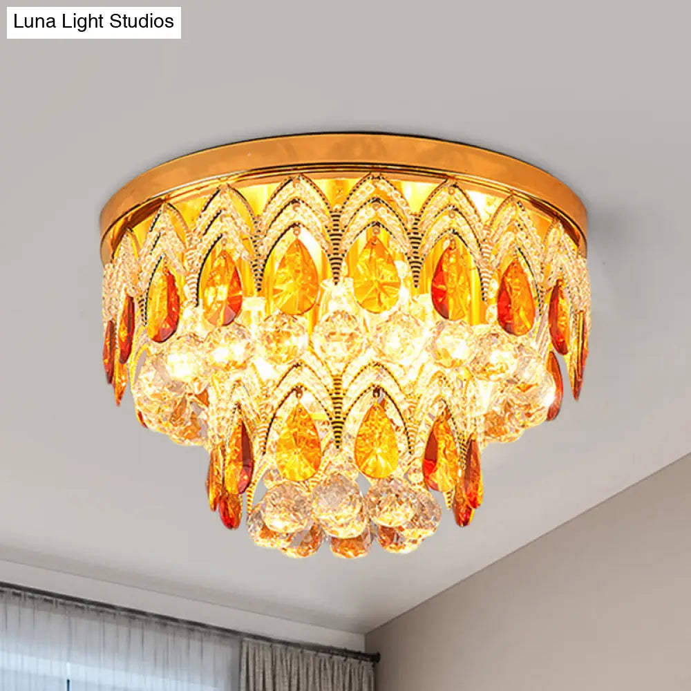 2 - Tier Tan Crystal Droplets Ceiling Lamp - Traditional 6 Lights Flush Mount Fixture In Gold