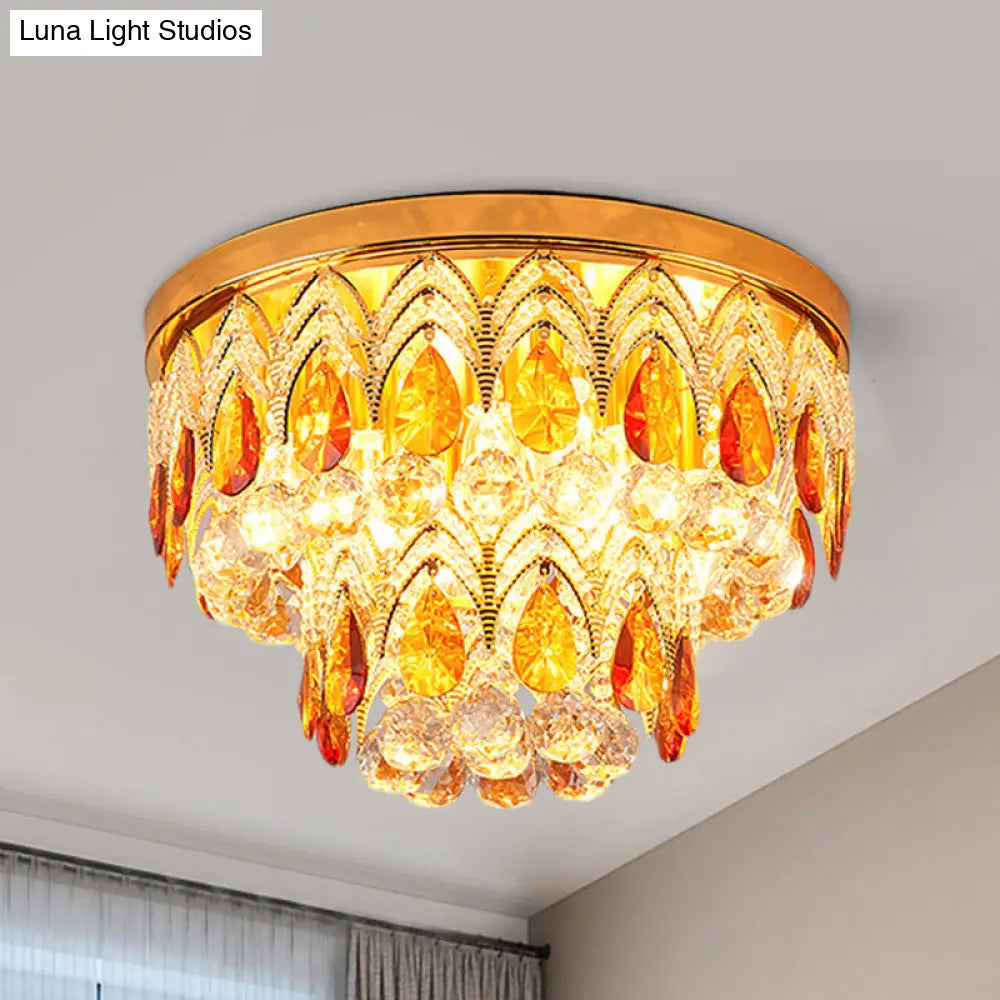 2-Tier Tan Crystal Droplets Ceiling Lamp - Traditional 6 Lights Flush Mount Fixture In Gold