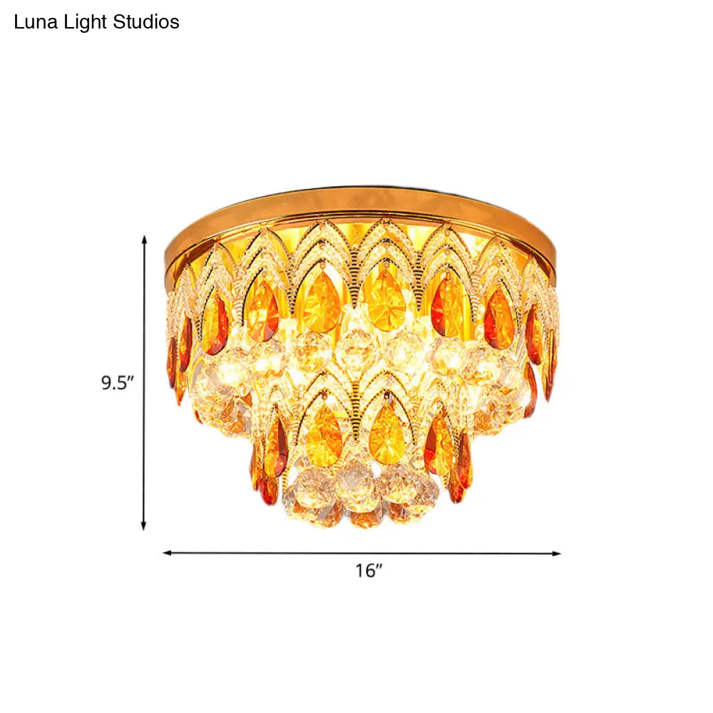 2 - Tier Tan Crystal Droplets Ceiling Lamp - Traditional 6 Lights Flush Mount Fixture In Gold