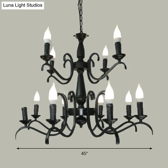 2-Tier Traditional Metal Candle Chandelier With Black Finish - Ideal For Living Room Ceiling Hanging