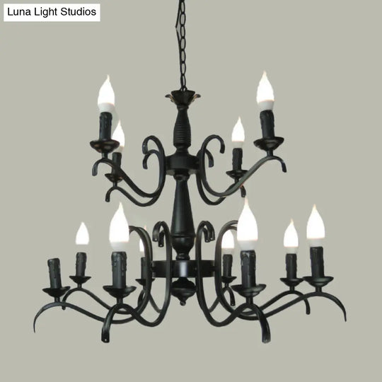 2-Tier Traditional Metal Candle Chandelier With Black Finish - Ideal For Living Room Ceiling Hanging