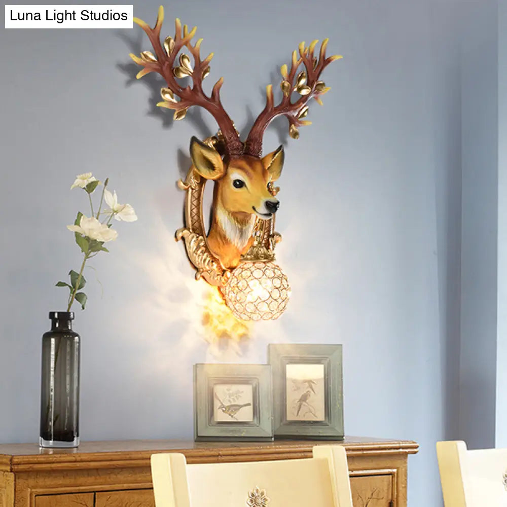 20/24 W Resin Wall Lamp: Classical Style Deer Head-Shaped Sconce Light With Crystal Globe Shade