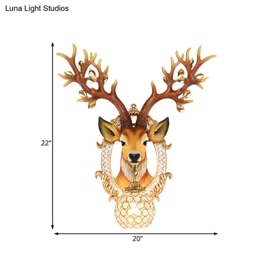 20/24 W Resin Wall Lamp: Classical Style Deer Head-Shaped Sconce Light With Crystal Globe Shade