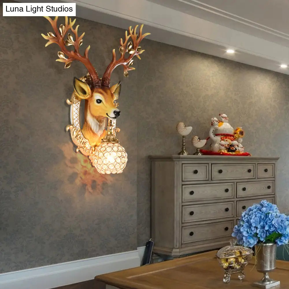 20/24 W Resin Wall Lamp: Classical Style Deer Head-Shaped Sconce Light With Crystal Globe Shade