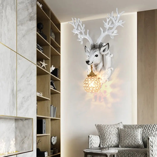 20/24 W Resin Wall Lamp: Classical Style Deer Head-Shaped Sconce Light With Crystal Globe Shade