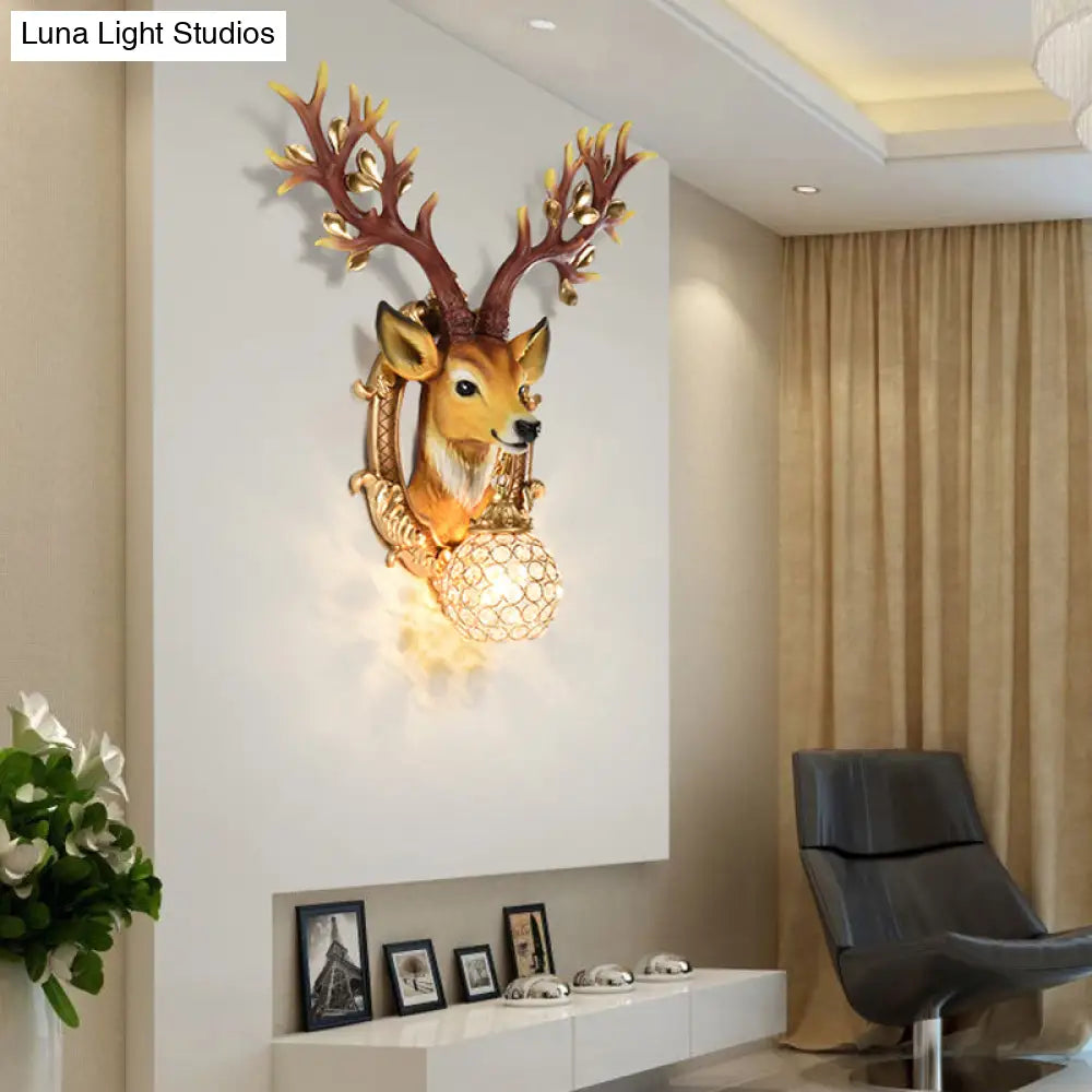 20/24 W Resin Wall Lamp: Classical Style Deer Head-Shaped Sconce Light With Crystal Globe Shade