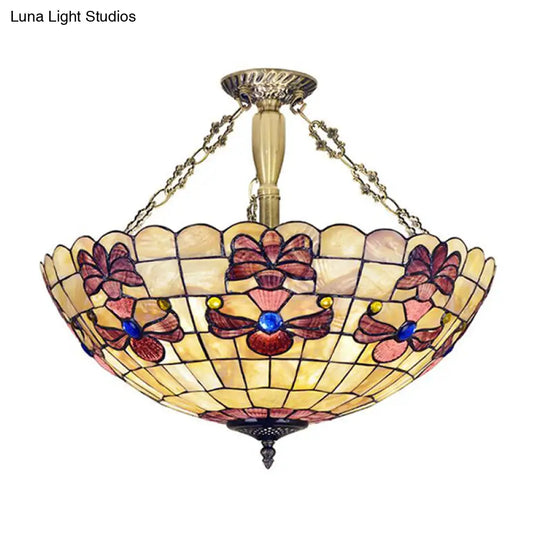 20.5/21.5 Wide Shell Flower Mediterranean Ceiling Flush Mount - 4 Lights Brass Semi Light / 21.5