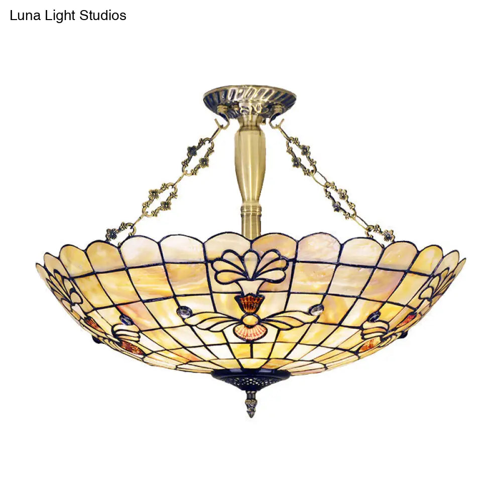 20.5/21.5 Wide Shell Flower Mediterranean Ceiling Flush Mount - 4 Lights Brass Semi Light