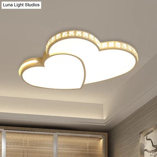 20.5/24.5 Double Heart Flush Mount Crystal Led Ceiling Light Fixture - Warm/White For Bedroom