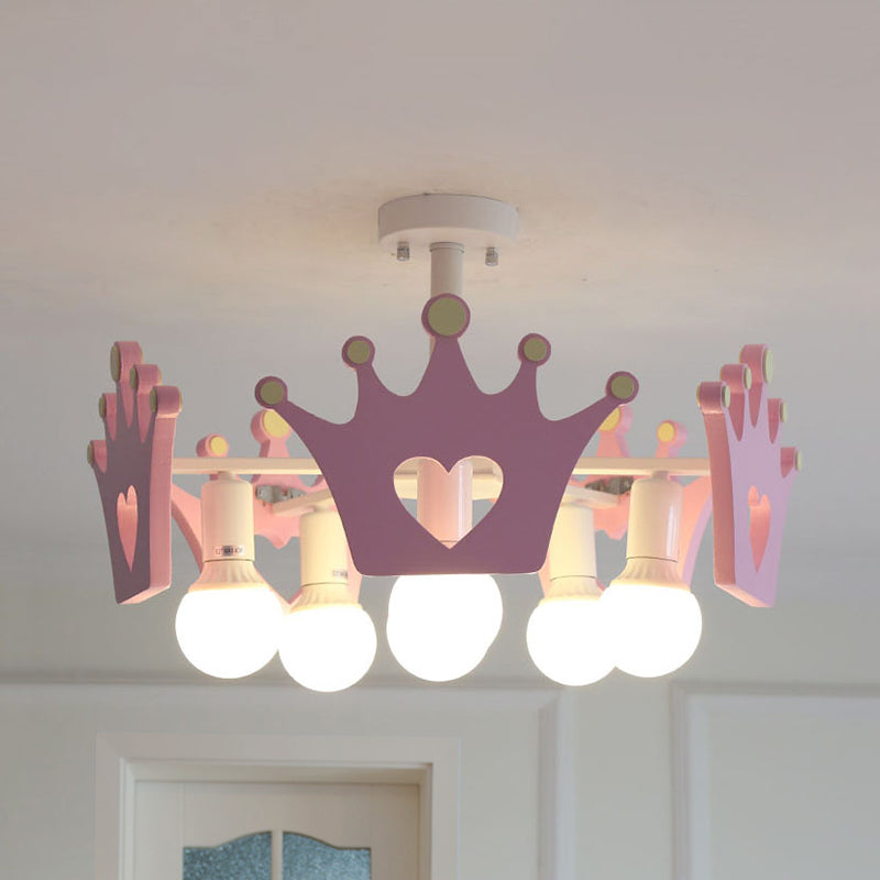 Art Deco Wooden Pendant Lights Pink Crown Chandelier For Bedroom