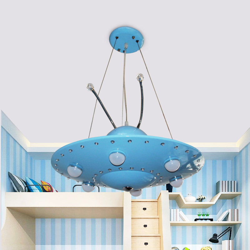 Blue Cartoon Ufo Chandelier: Led Metal Pendant Light For Boys Bedroom