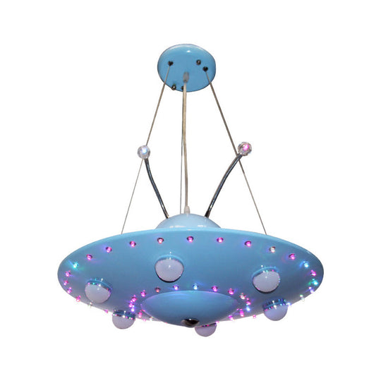 Blue Cartoon Ufo Chandelier: Led Metal Pendant Light For Boys Bedroom