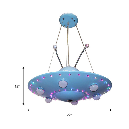 Blue Cartoon Ufo Chandelier: Led Metal Pendant Light For Boys Bedroom