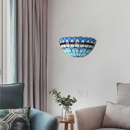 Blue Baroque Bowl Wall Mount Light: Stained Glass Sconce With/Without Pull Chain / Without