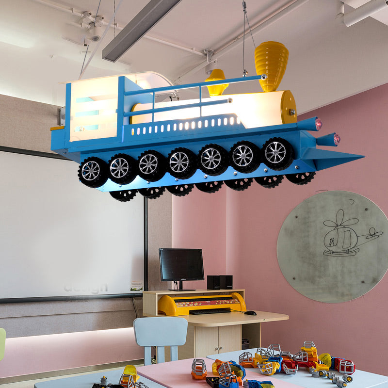 Cartoon Blue Train Pendant Light: Metal Chandelier For Kindergarten
