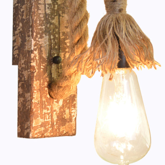 Bare Bulb Wall Light Fixture Beige Jute Rope Wood Backplate Warehouse Style