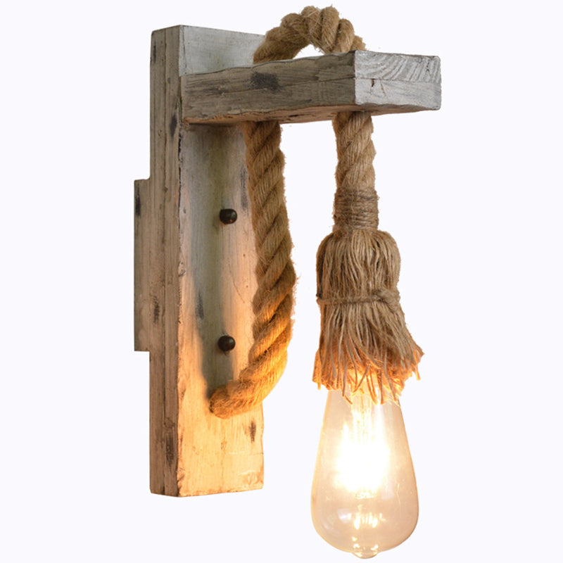 Industrial Wood Wall Lamp With Rope Cord - Grey Finish