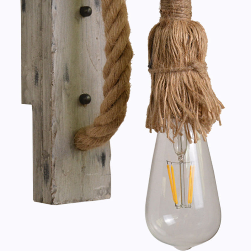 Industrial Wood Wall Lamp With Rope Cord - Grey Finish