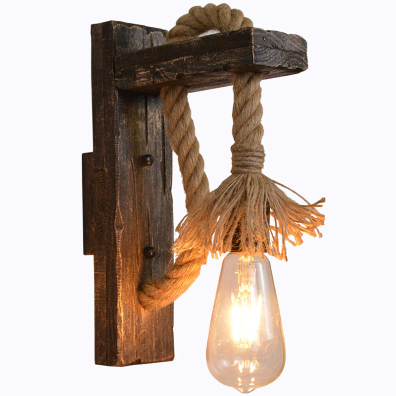 Farm Style Wood Wall Mounted Lamp: Rustic Hanging Light In Brown With Rope Detail & 1 Bulb /