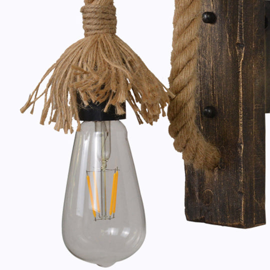 Farm Style Wood Wall Mounted Lamp: Rustic Hanging Light In Brown With Rope Detail & 1 Bulb