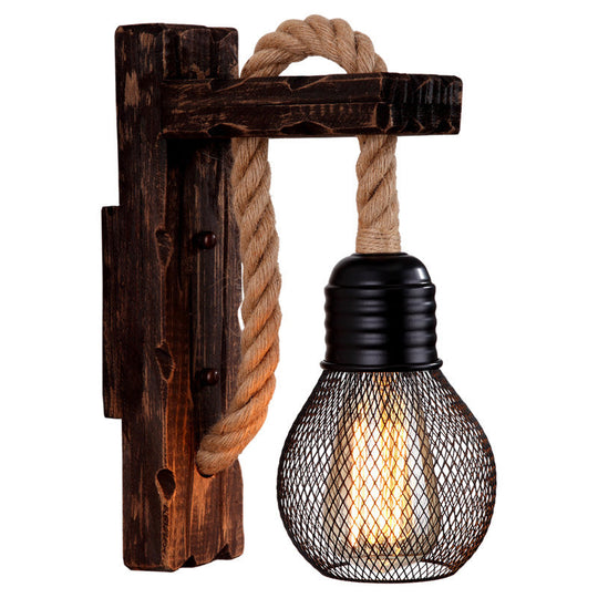 Farm Style Wood Wall Mounted Lamp: Rustic Hanging Light In Brown With Rope Detail & 1 Bulb / With