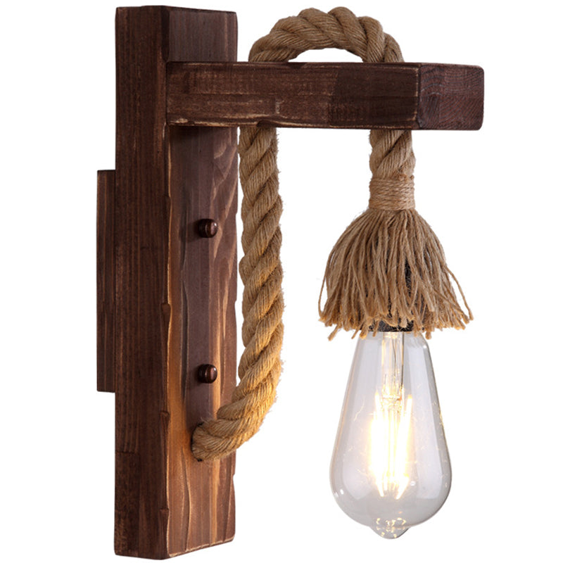 Rustic L-Shaped Wall Mount With Hemp Rope Cord - Brown Wood Dining Room Fixture / Shadeless