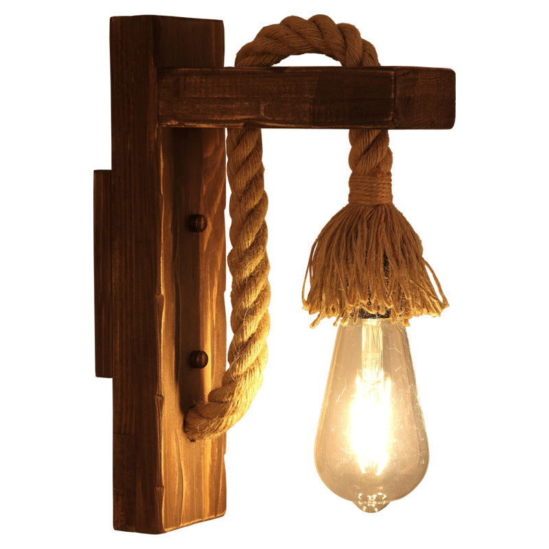 Rustic L-Shaped Wall Mount With Hemp Rope Cord - Brown Wood Dining Room Fixture