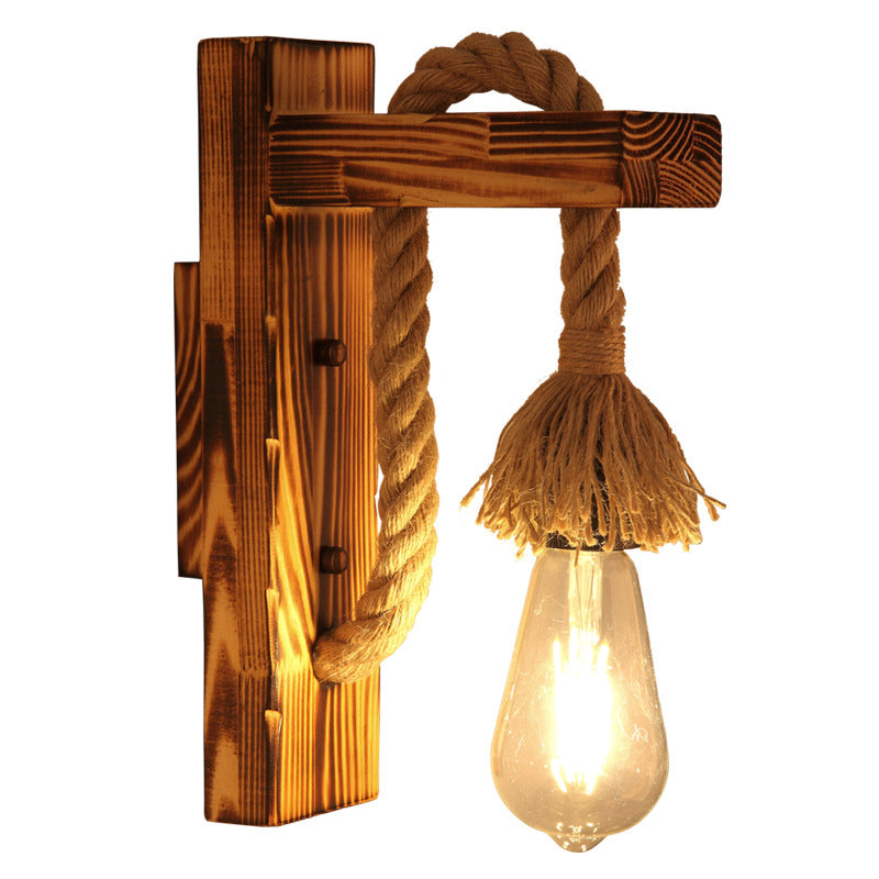 Industrial Brown Wood Wall Light With Right Angle Bracket And Rope - Single Bulb Mount / Shadeless
