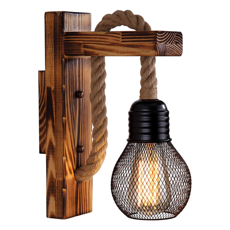 Industrial Brown Wood Wall Light With Right Angle Bracket And Rope - Single Bulb Mount / With Shade