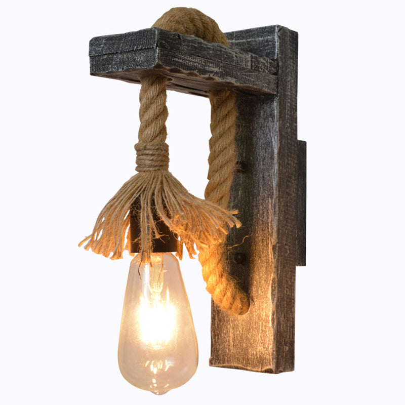 Industrial Style Grey Rope Wall Light With Wood L-Arm - Bare Bulb Lighting Idea
