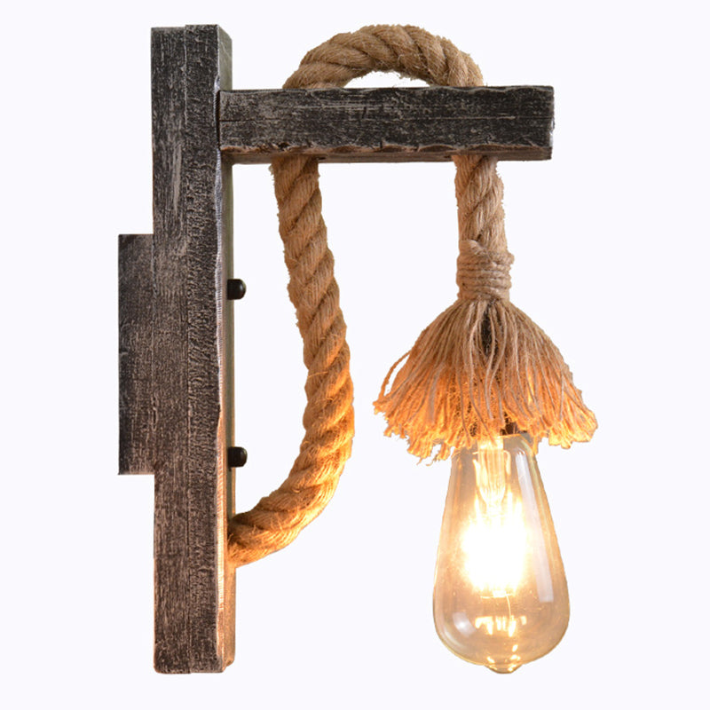 Industrial Style Grey Rope Wall Light With Wood L-Arm - Bare Bulb Lighting Idea