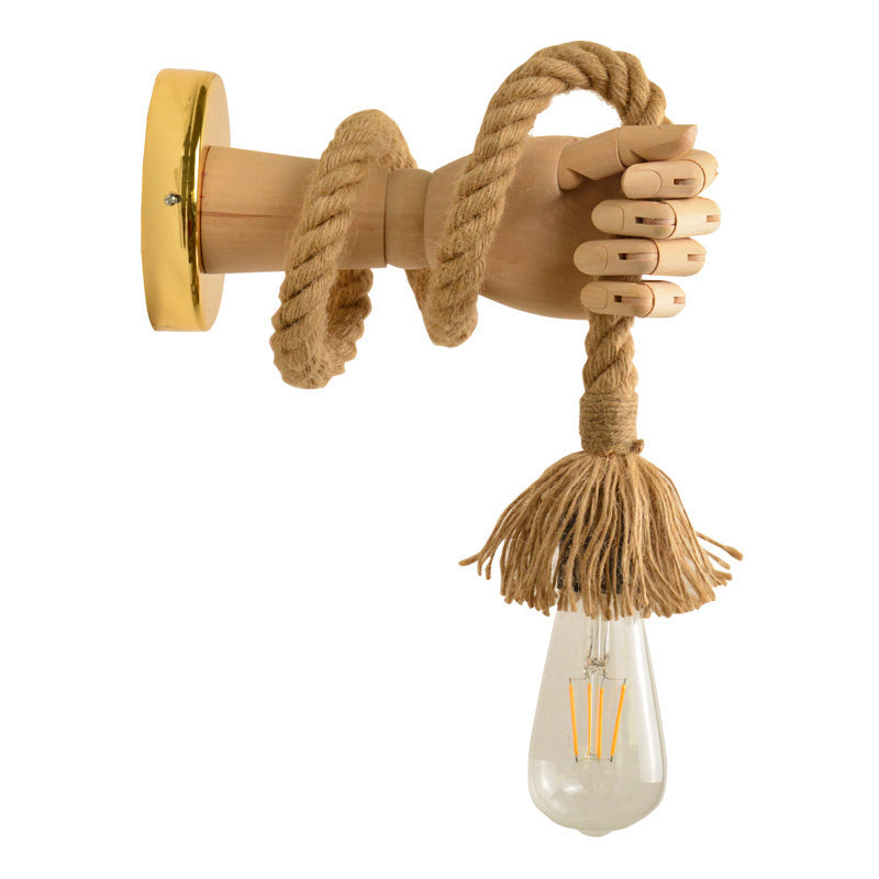 Rustic Exposed Bulb 1-Light Wall Sconce With Jute Rope And Metal Backplate In Beige / A