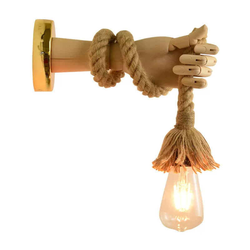 Rustic Exposed Bulb 1-Light Wall Sconce With Jute Rope And Metal Backplate In Beige