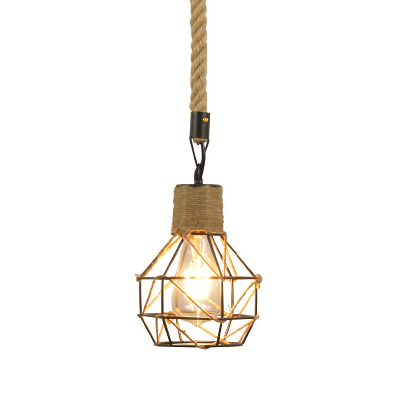 Industrial Black Iron Ceiling Pendant Light With Globe Cage And Rope Cord