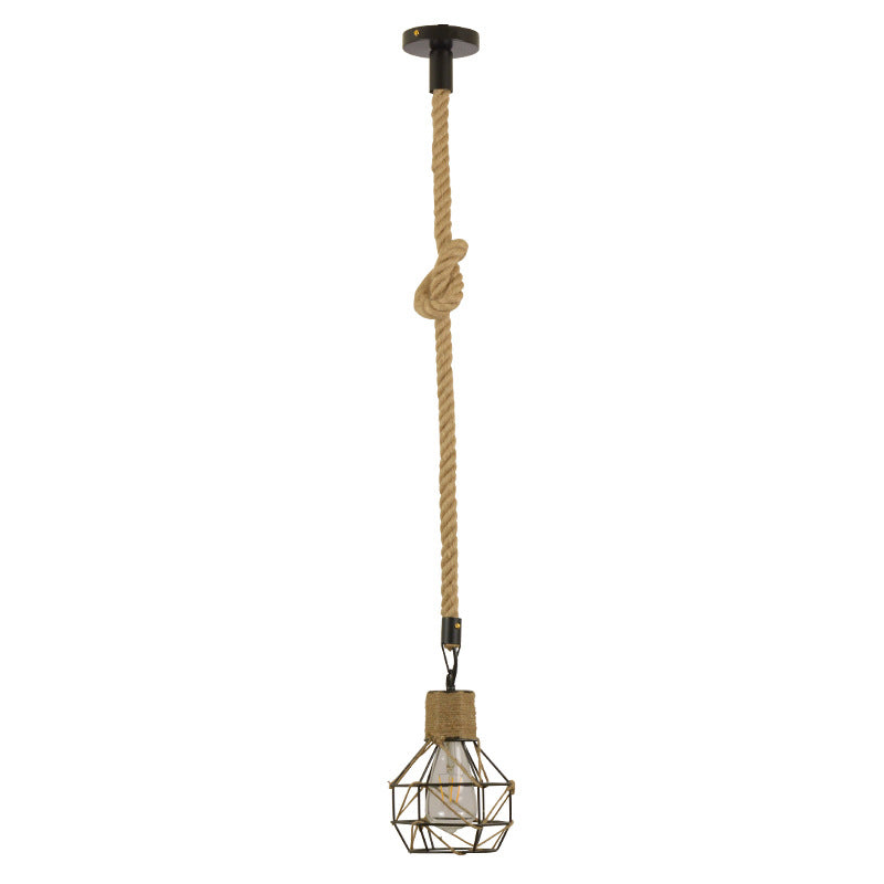 Industrial Black Iron Ceiling Pendant Light With Globe Cage And Rope Cord