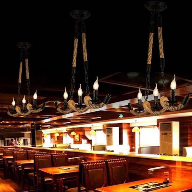 Black Candle Design Pendant Lighting Fixture - Rope Twisting Island Light 3 Bulbs Restaurant-Worthy