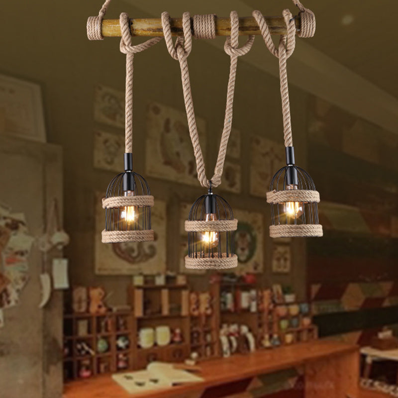 Farm Birdcage Island Lamp: 3-Light Metallic Hanging Ceiling Light With Jute Rope Cord Black