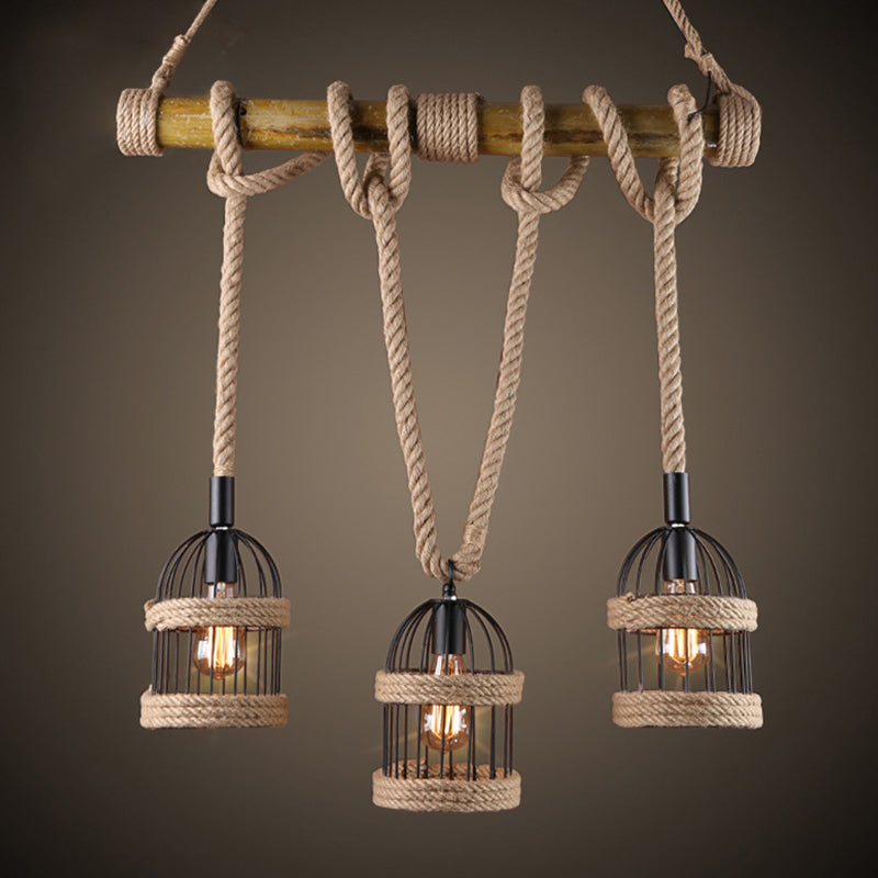 Farm Birdcage Island Lamp: 3-Light Metallic Hanging Ceiling Light With Jute Rope Cord