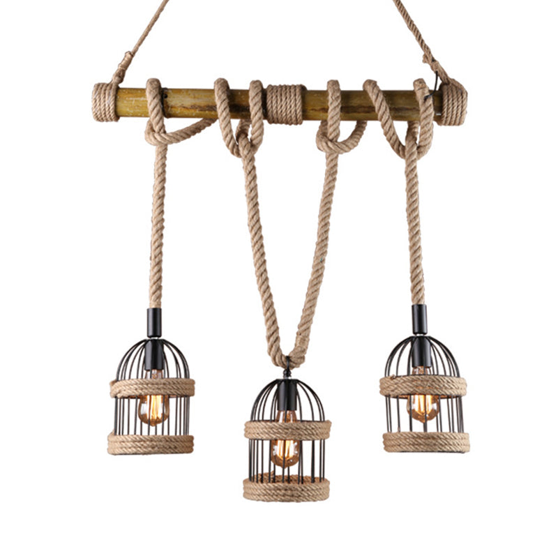 Farm Birdcage Island Lamp: 3-Light Metallic Hanging Ceiling Light With Jute Rope Cord