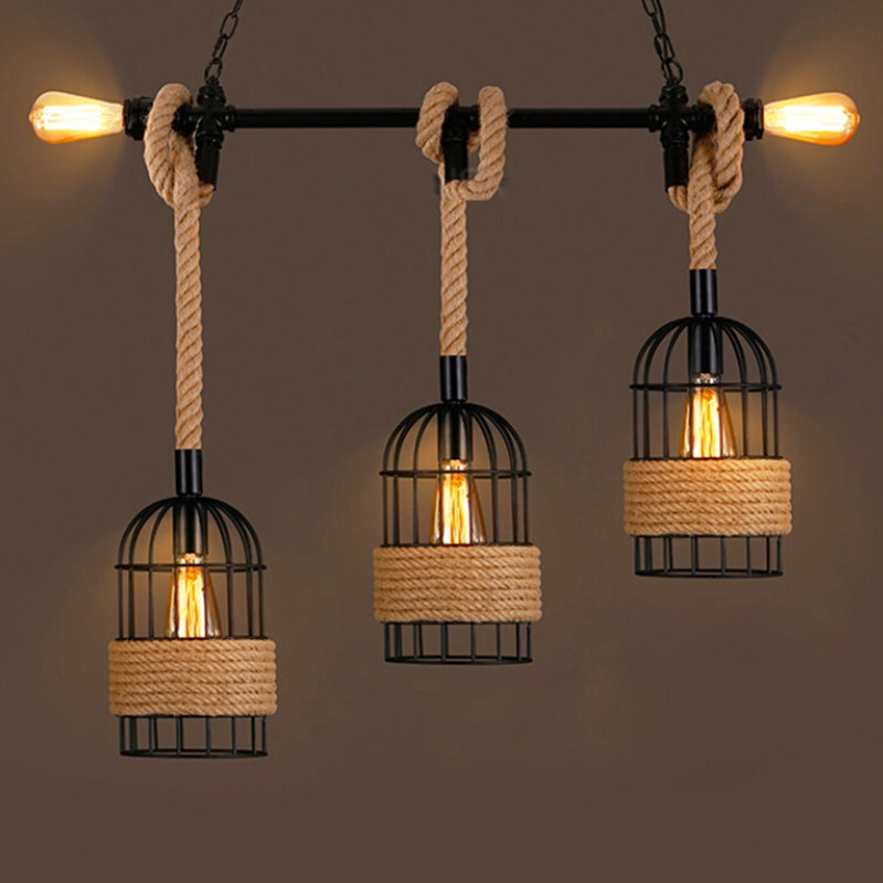 Black Birdcage Island Pendant Light With Jute Rope Cord - 5 Bulbs Factory Metal Design