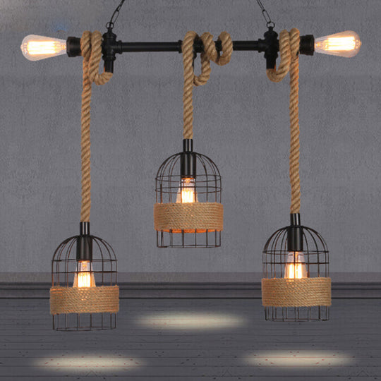 Black Birdcage Island Pendant Light With Jute Rope Cord - 5 Bulbs Factory Metal Design