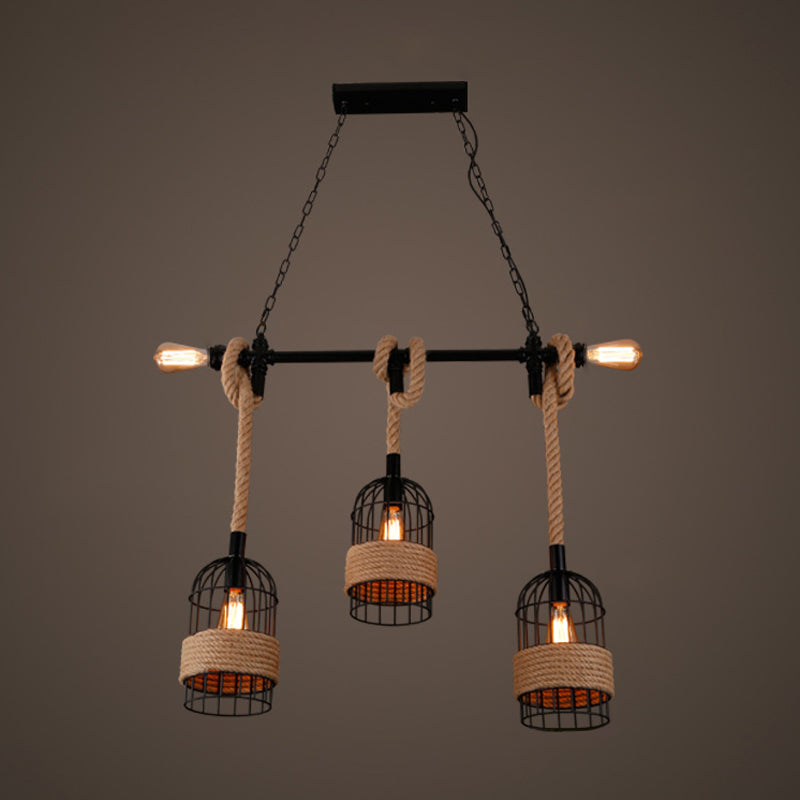 Farmhouse 3-Head Beige Geometry Pendant Light with Rope for Dining Room or Island