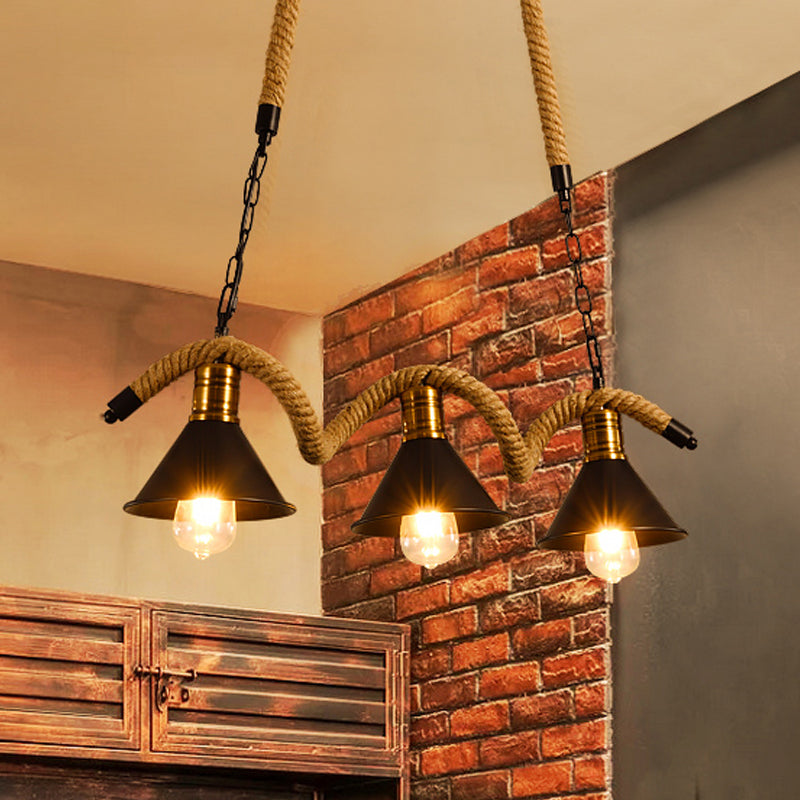 Modern Geometric Metallic Island Pendant Lamp With Jute Rope Cord For Dining Room 3 / Black A